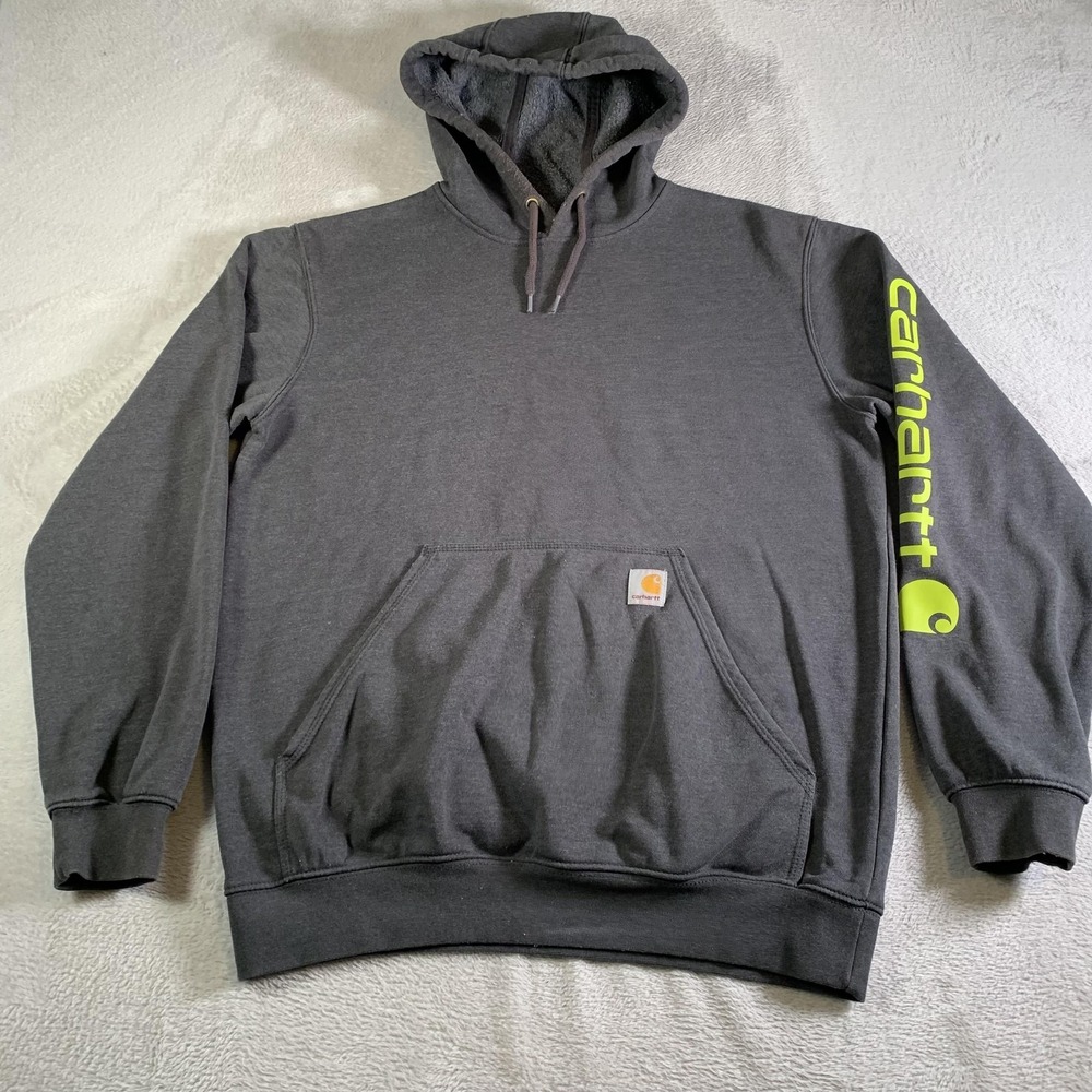 Carhartt Hoodie Mens Medium Gray Loose Fit Logo Sleeve Fleece Pullover K288